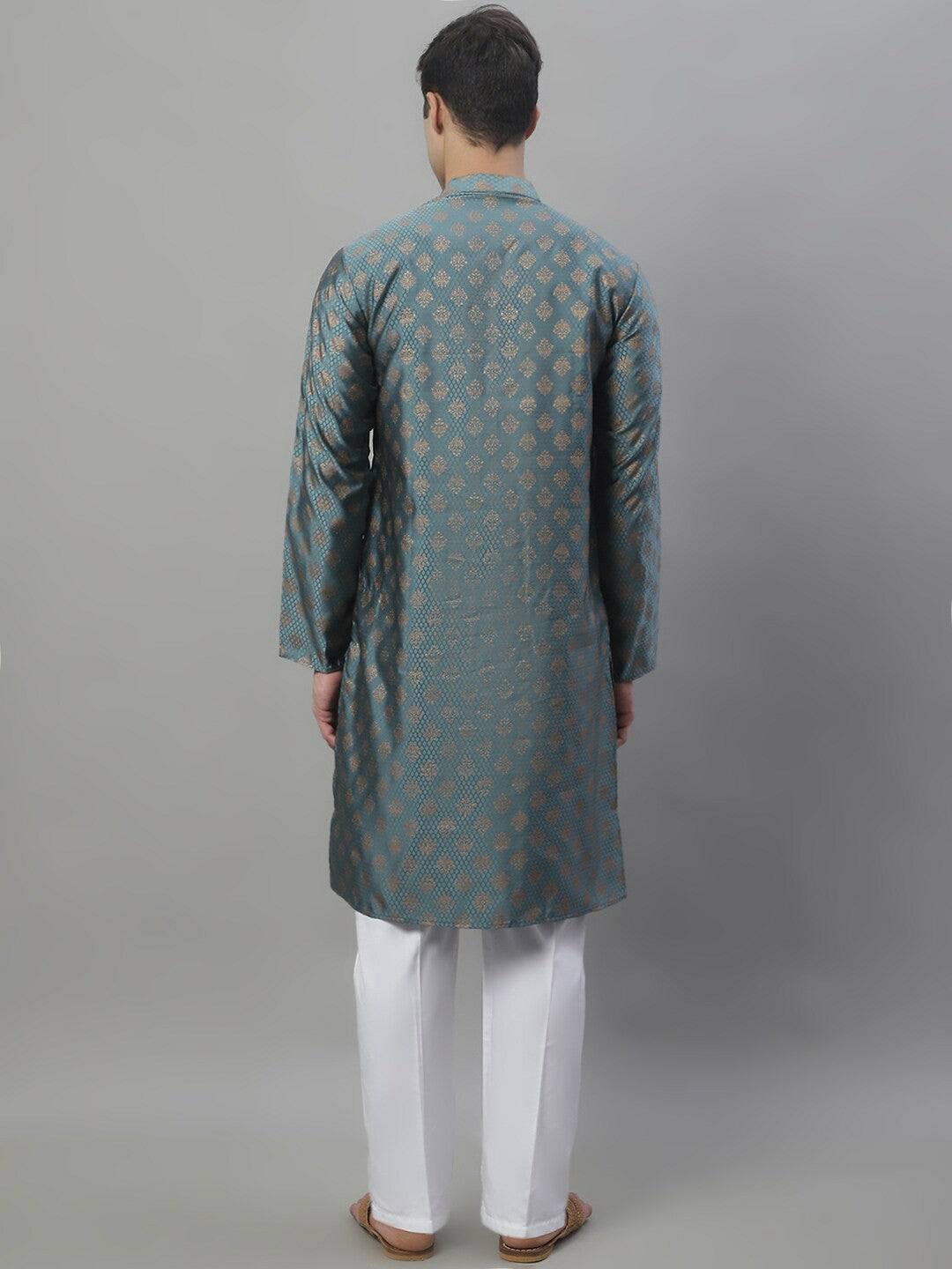 Men’s Grey & Gold Ethnic Woven Kurta Set – Subtle Elegance Meets Festive Charm
