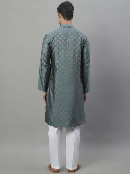 Men’s Grey & Gold Ethnic Woven Kurta Set – Subtle Elegance Meets Festive Charm
