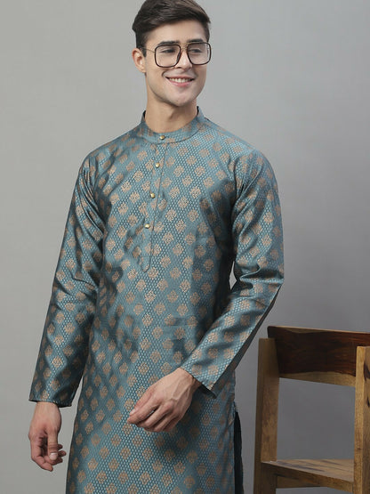 Men’s Grey & Gold Ethnic Woven Kurta Set – Subtle Elegance Meets Festive Charm