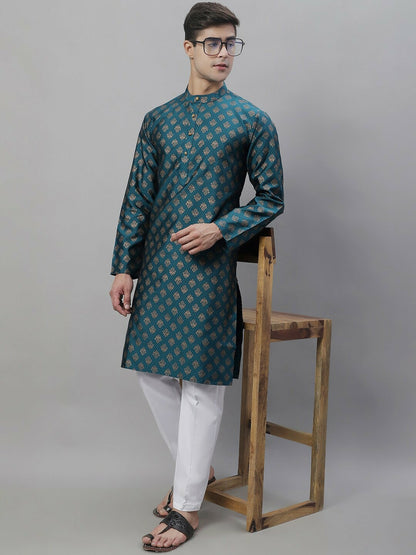 Men’s Teal Blue & Gold Woven Kurta Set – Rich Heritage, Modern Elegance