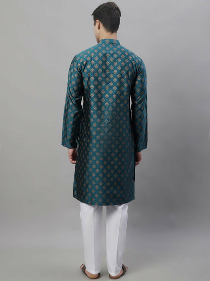 Men’s Teal Blue & Gold Woven Kurta Set – Rich Heritage, Modern Elegance