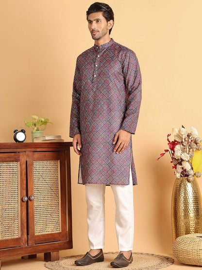 Men’s Purple Geometric Printed Kurta Set with Pyjamas