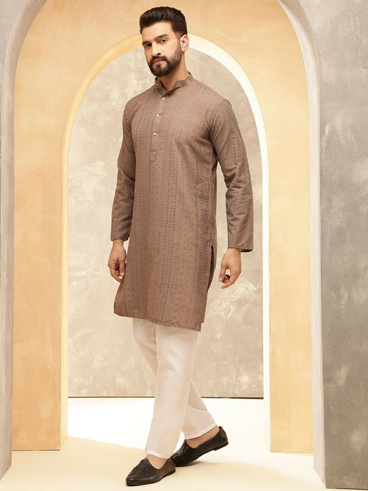 Men’s Brown Embroidered Kurta Set with Pyjamas