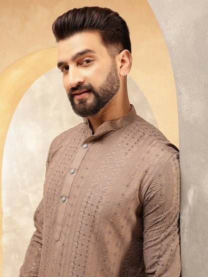 Men’s Brown Embroidered Kurta Set with Pyjamas