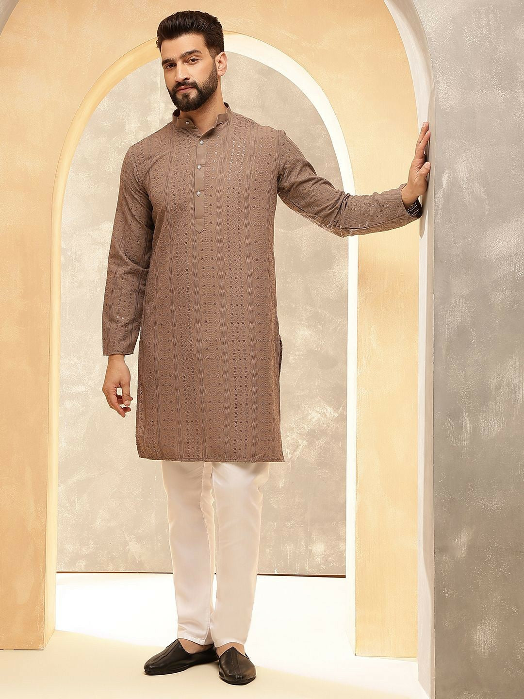 Men’s Brown Embroidered Kurta Set with Pyjamas