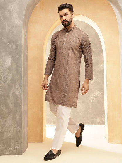 Men’s Brown Embroidered Kurta Set with Pyjamas