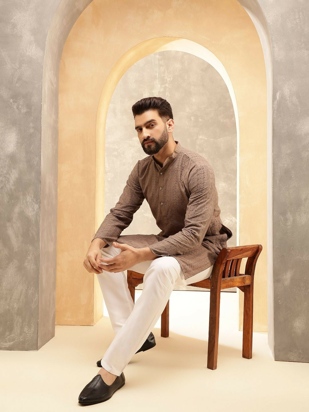 Men’s Brown Embroidered Kurta Set with Pyjamas