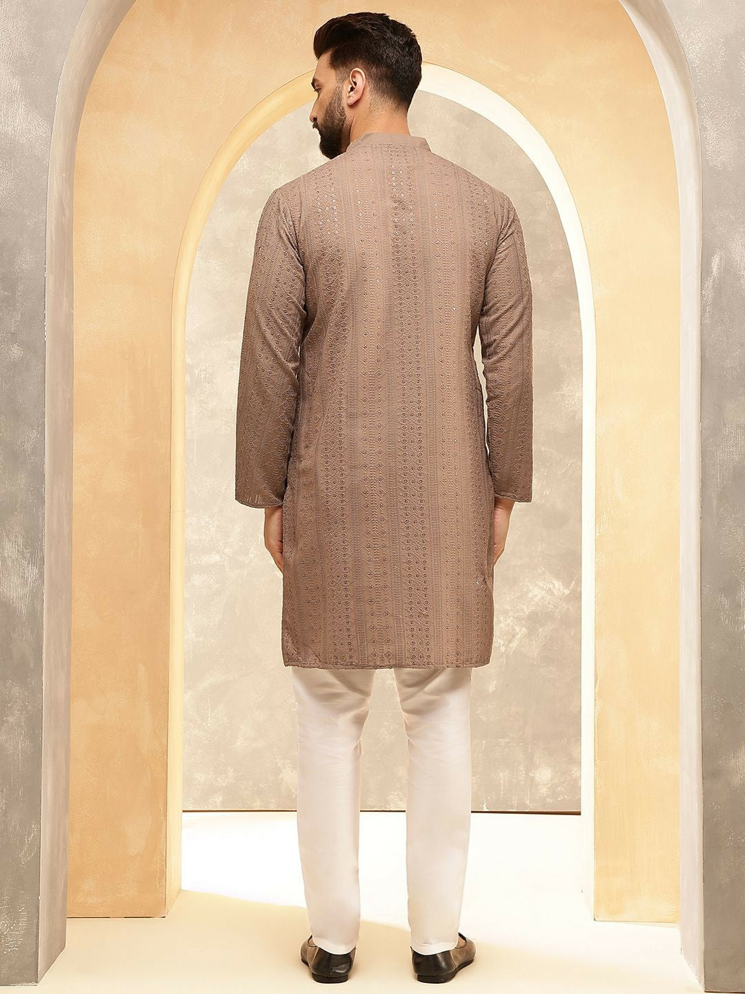 Men’s Brown Embroidered Kurta Set with Pyjamas