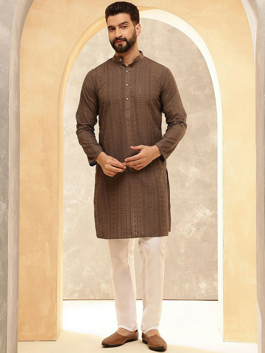 Men’s Dark Brown Embroidered Kurta Set with Pyjamas