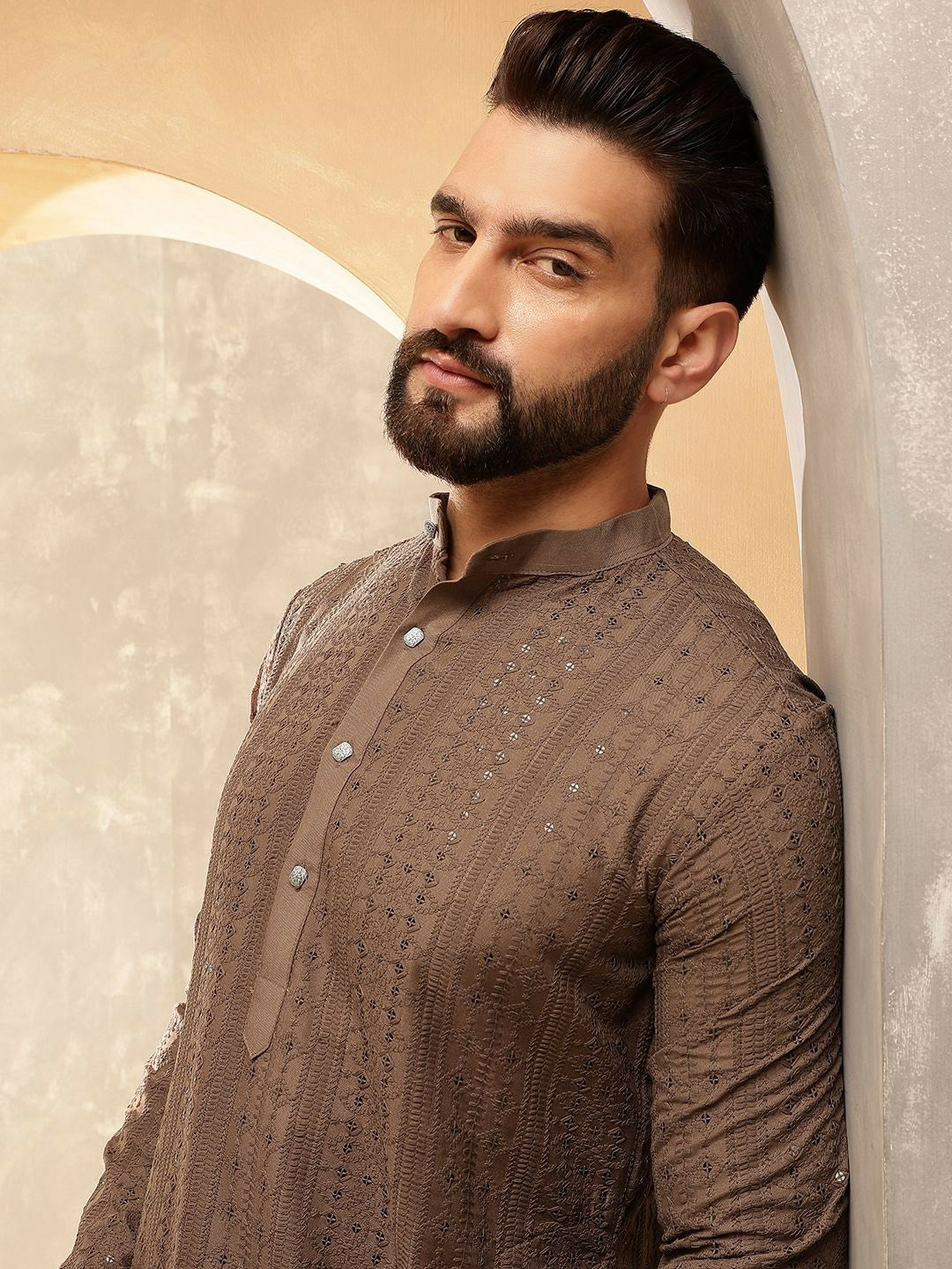 Men’s Dark Brown Embroidered Kurta Set with Pyjamas