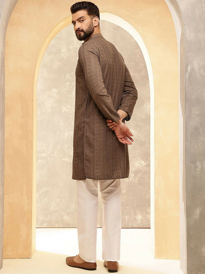 Men’s Dark Brown Embroidered Kurta Set with Pyjamas