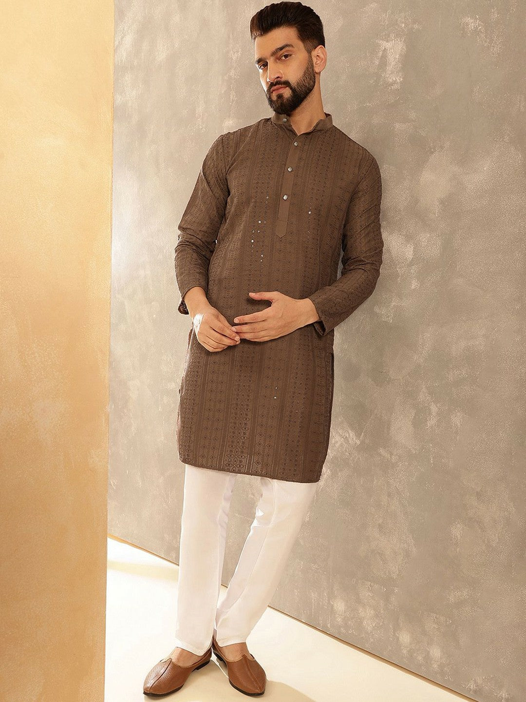 Men’s Dark Brown Embroidered Kurta Set with Pyjamas