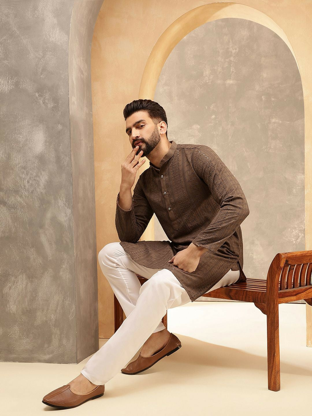 Men’s Dark Brown Embroidered Kurta Set with Pyjamas