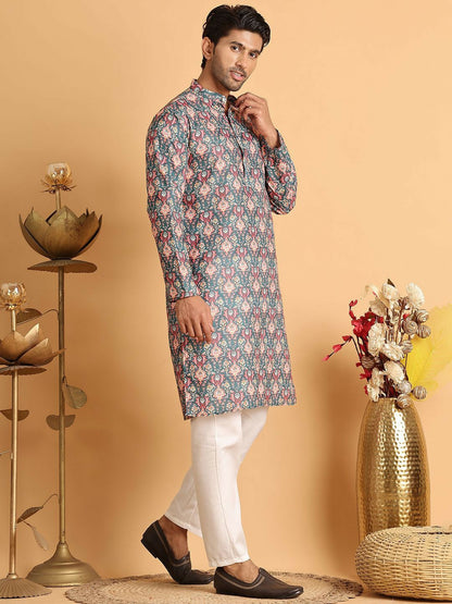 Men's Blue Floral Printed Cotton Blend Kurta Set with Pyjamas