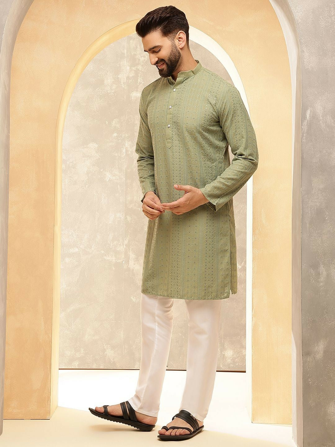 Men’s Green Embroidered Kurta Set with Pyjamas