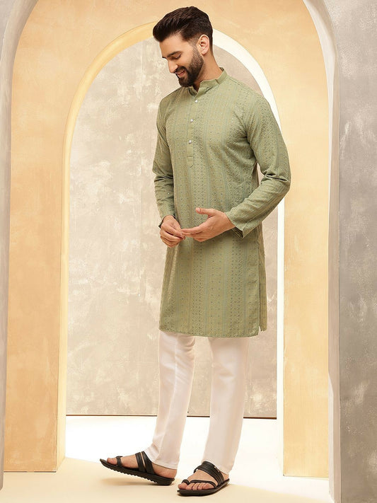 Men’s Green Embroidered Kurta Set with Pyjamas