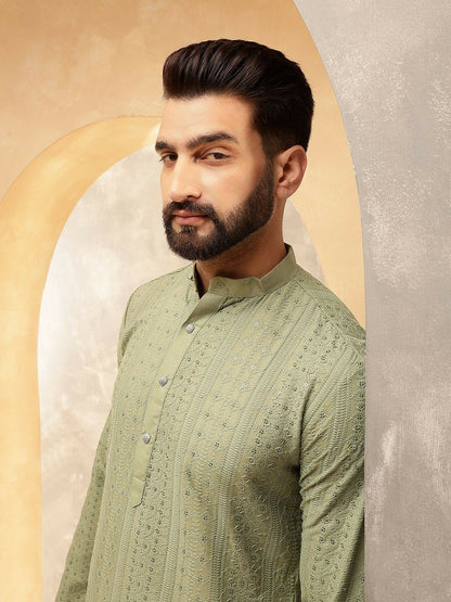 Men’s Green Embroidered Kurta Set with Pyjamas