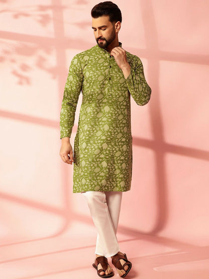 Men’s Green Floral Printed Kurta Set with Pyjamas