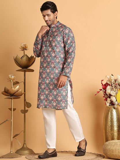 Men's Blue Floral Printed Cotton Blend Kurta Set with Pyjamas