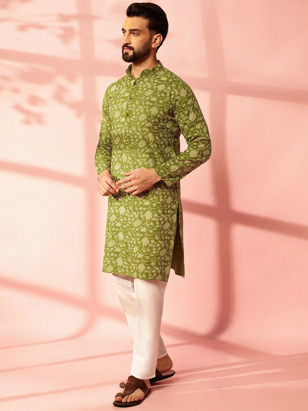 Men’s Green Floral Printed Kurta Set with Pyjamas