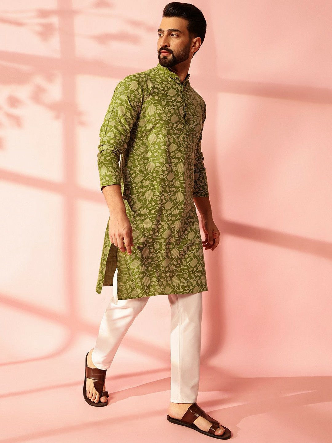 Men’s Green Floral Printed Kurta Set with Pyjamas