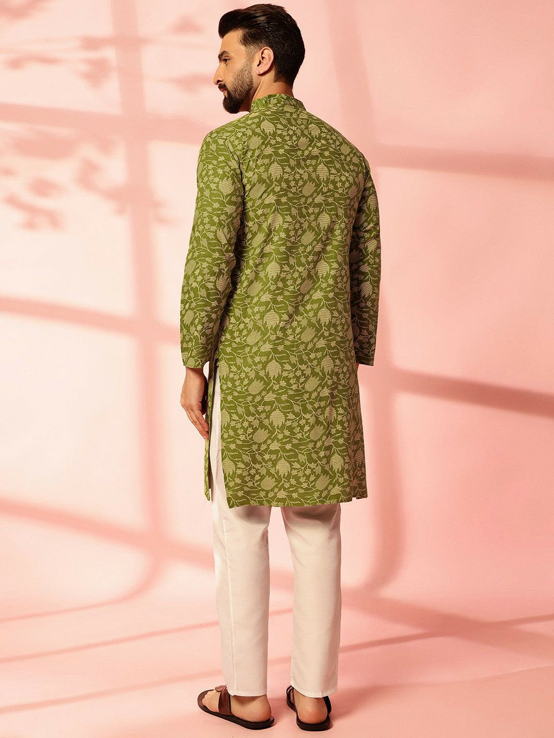 Men’s Green Floral Printed Kurta Set with Pyjamas