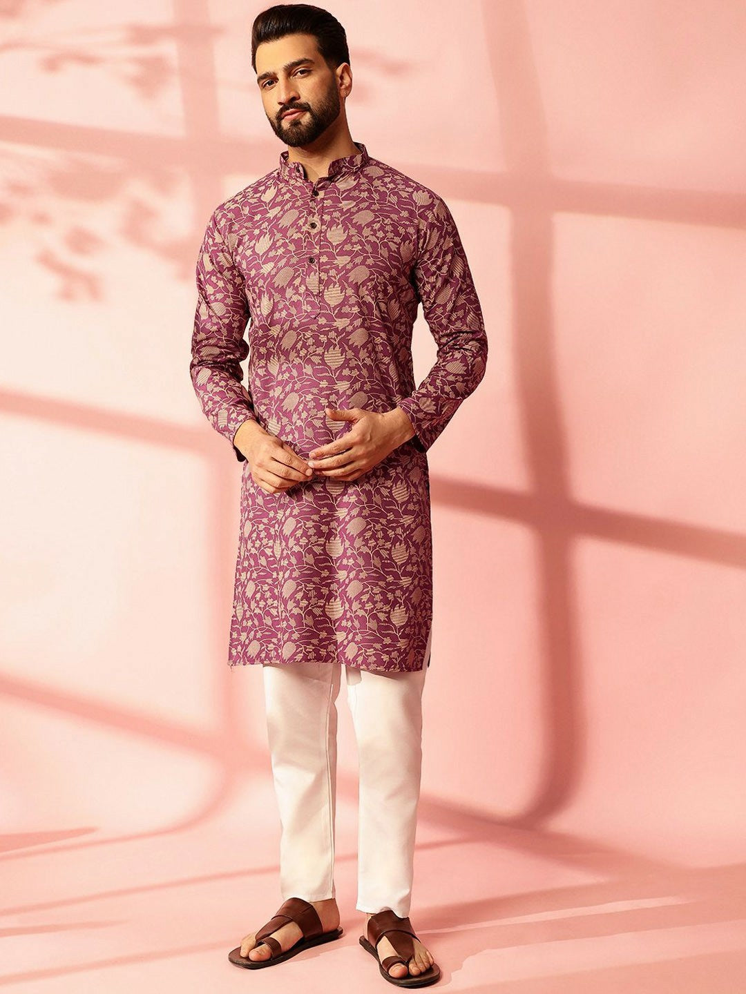 Men’s Purple Floral Printed Kurta Set with Pyjamas