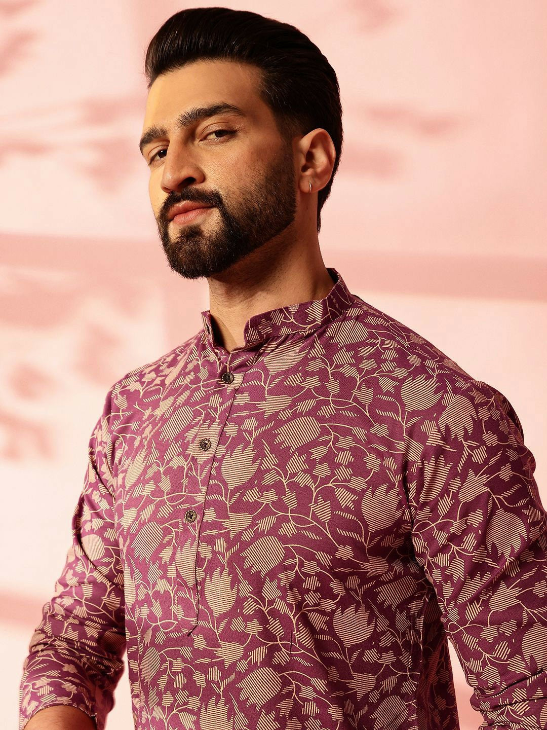 Men’s Purple Floral Printed Kurta Set with Pyjamas