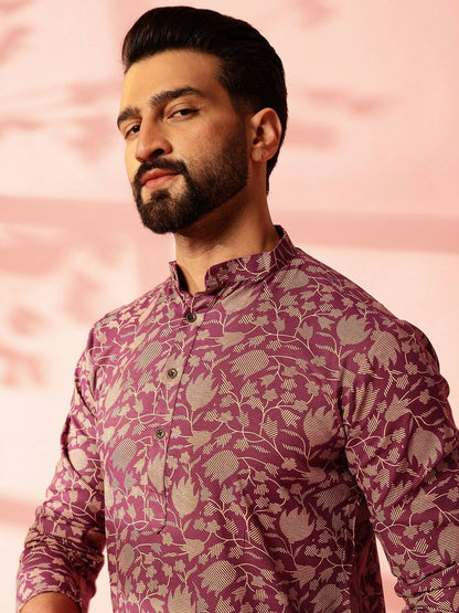 Men’s Purple Floral Printed Kurta Set with Pyjamas
