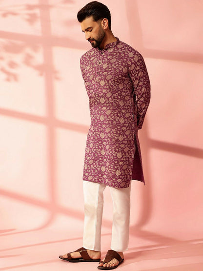 Men’s Purple Floral Printed Kurta Set with Pyjamas