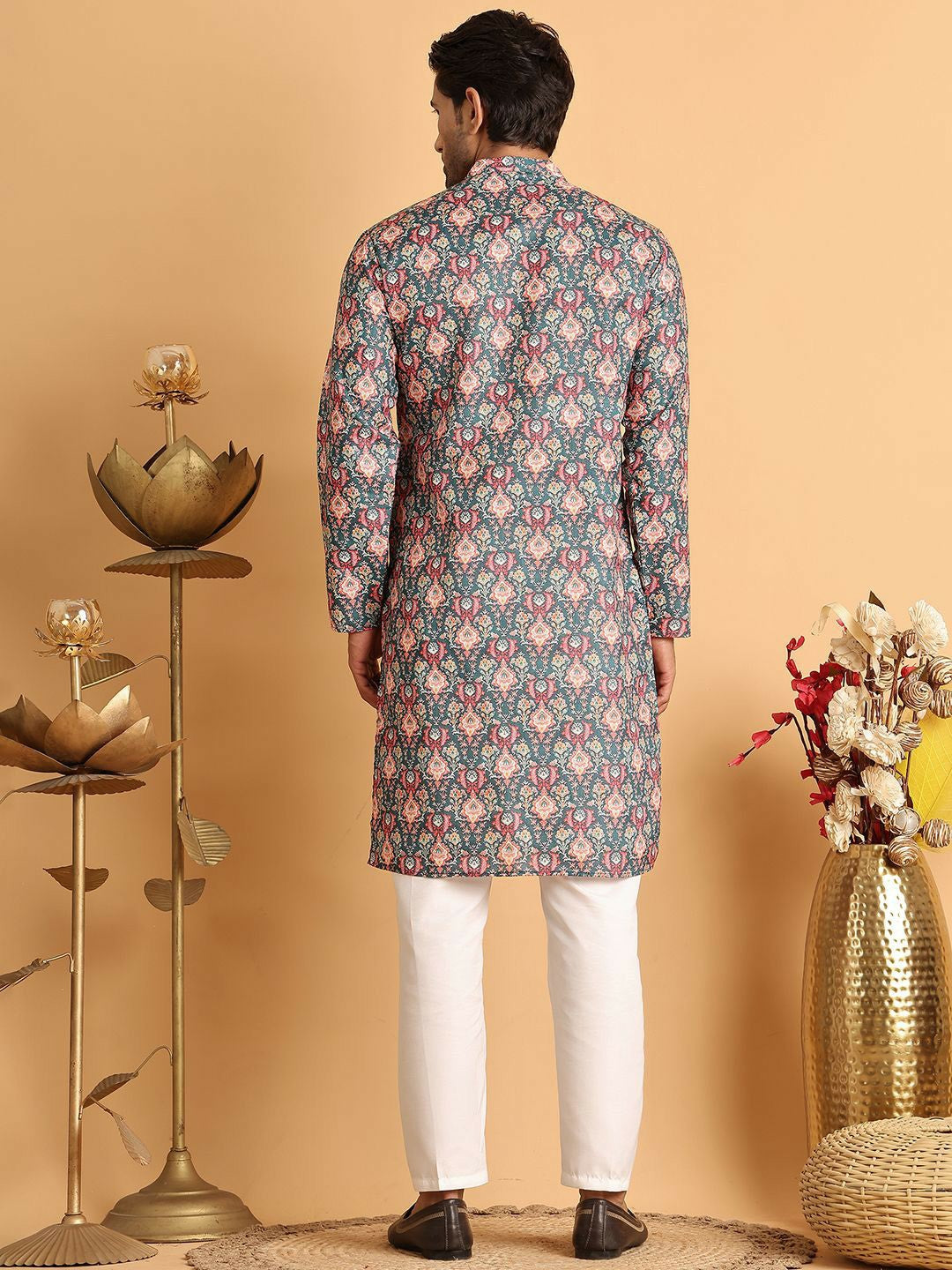 Men's Blue Floral Printed Cotton Blend Kurta Set with Pyjamas