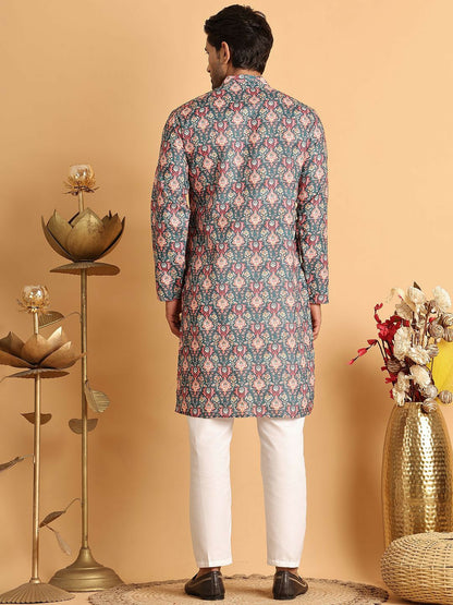 Men's Blue Floral Printed Cotton Blend Kurta Set with Pyjamas