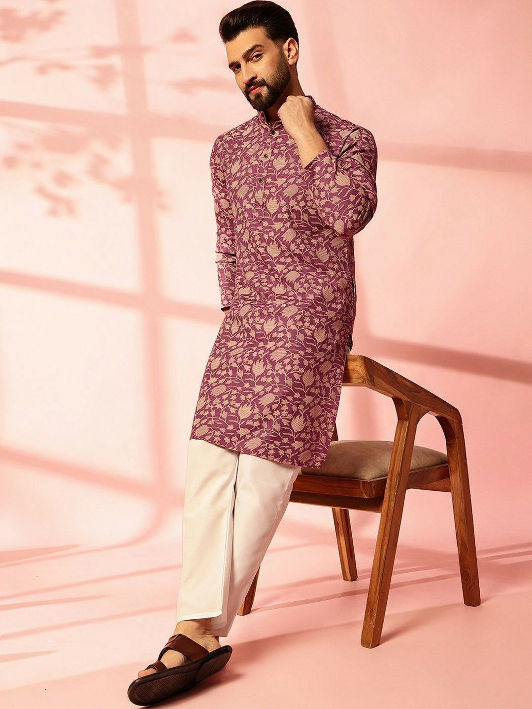 Men’s Purple Floral Printed Kurta Set with Pyjamas