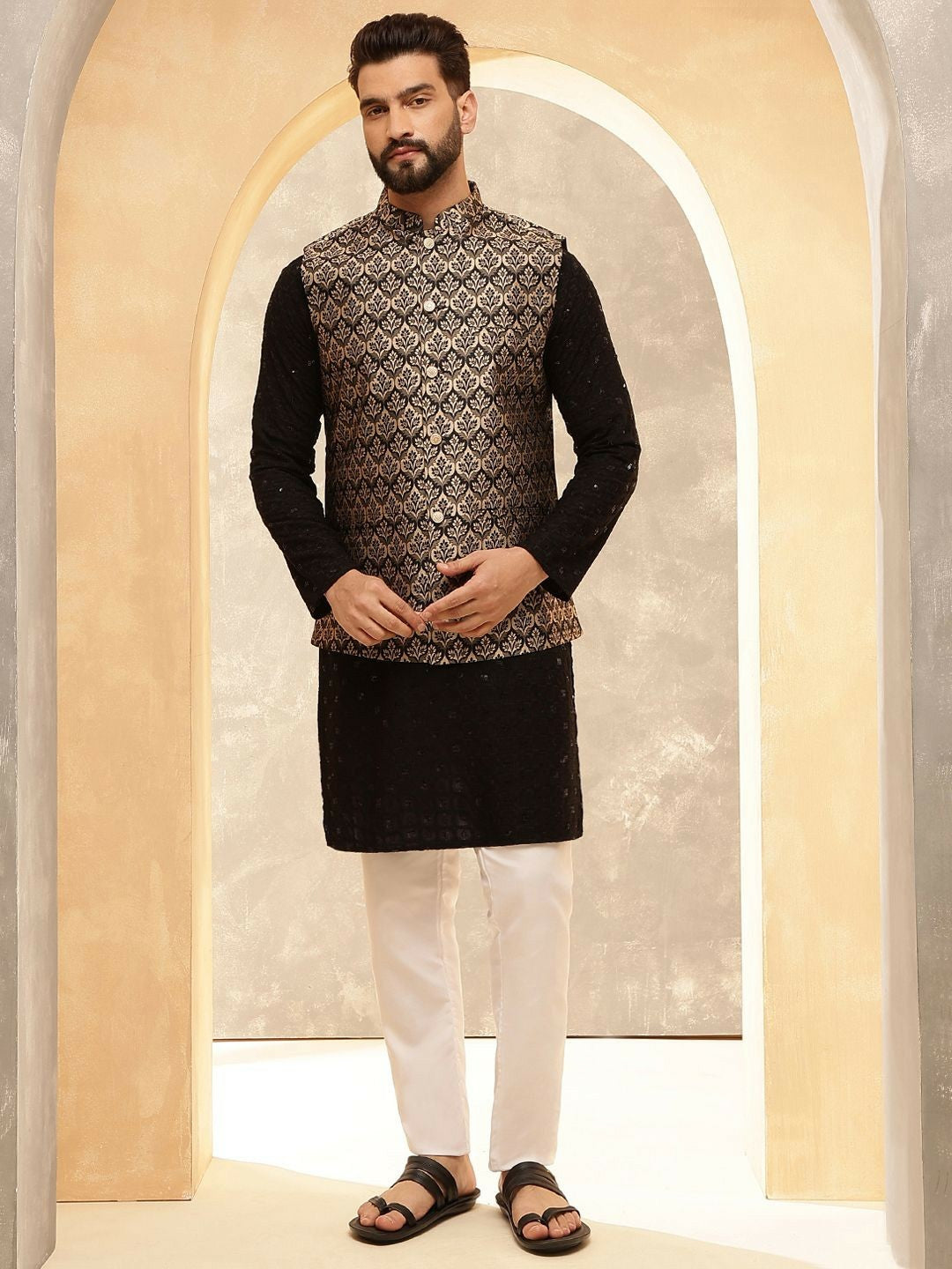 Men’s Black Embroidered Kurta Set with Pyjamas & Nehru Jacket