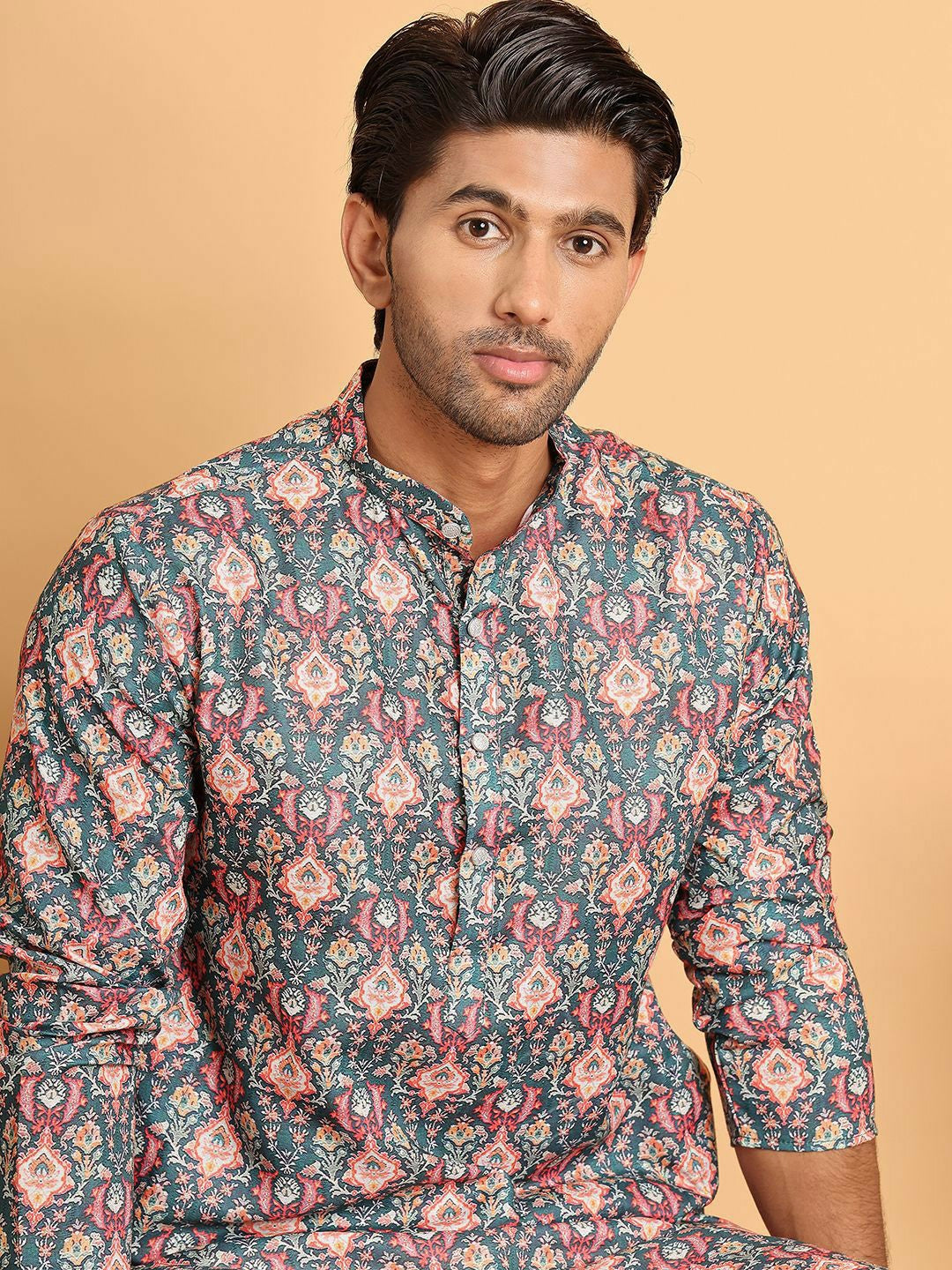Men's Blue Floral Printed Cotton Blend Kurta Set with Pyjamas