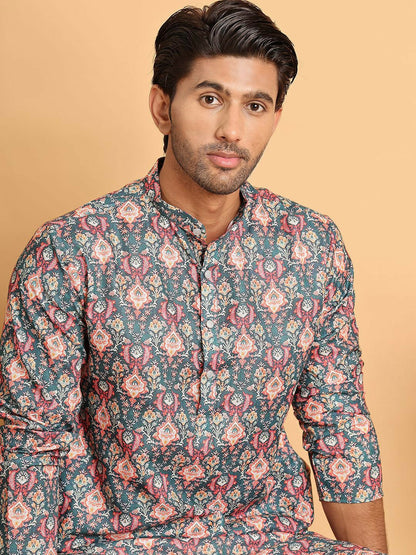 Men's Blue Floral Printed Cotton Blend Kurta Set with Pyjamas