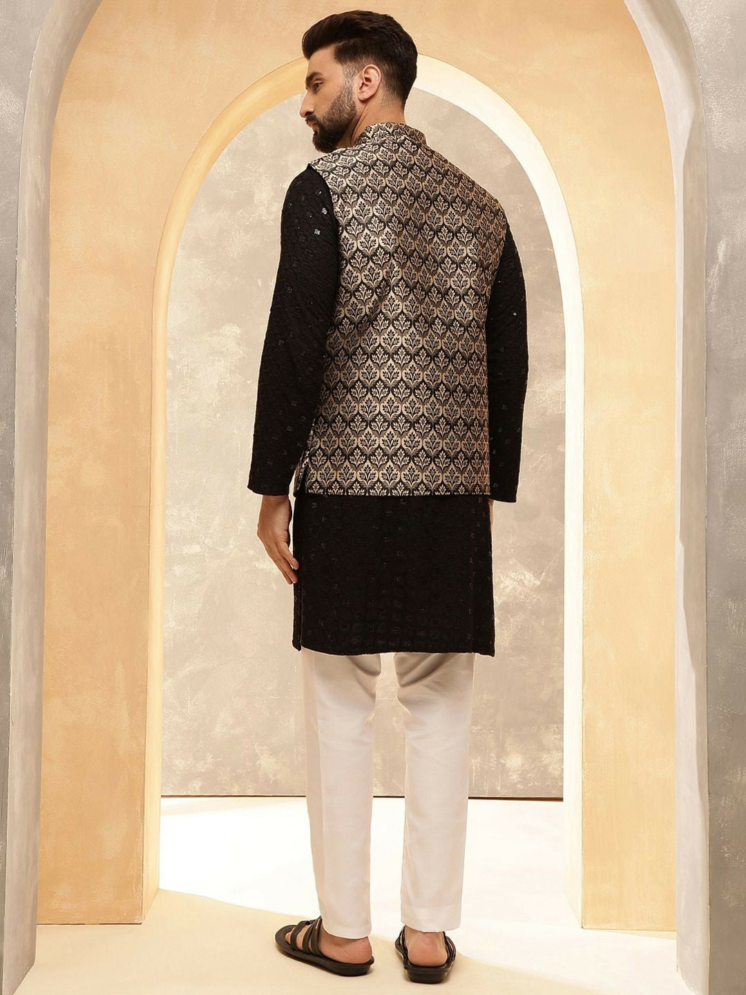 Men’s Black Embroidered Kurta Set with Pyjamas & Nehru Jacket