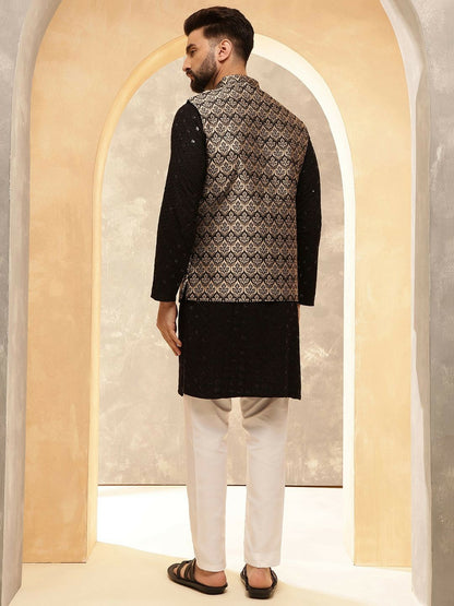 Men’s Black Embroidered Kurta Set with Pyjamas & Nehru Jacket