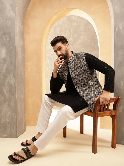 Men’s Black Embroidered Kurta Set with Pyjamas & Nehru Jacket