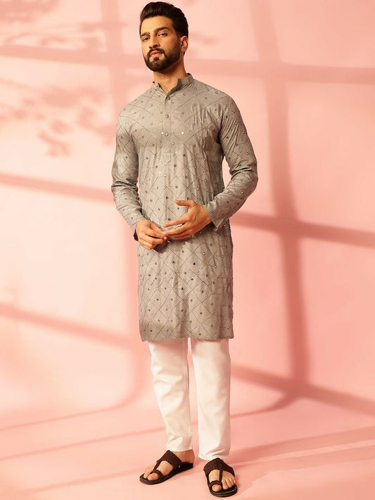 Men’s Grey Embroidered Kurta Set with Mirror Work & Pyjamas