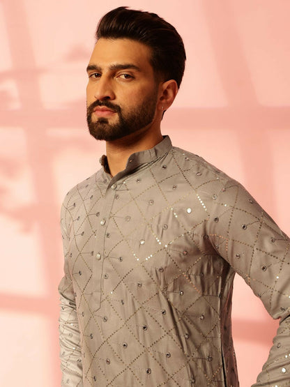 Men’s Grey Embroidered Kurta Set with Mirror Work & Pyjamas