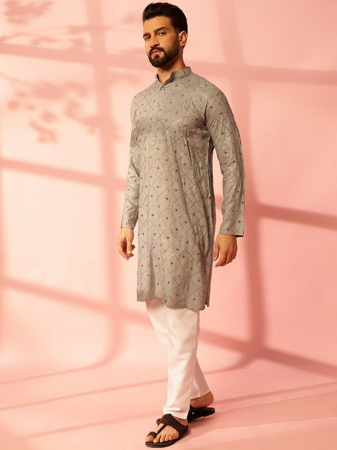 Men’s Grey Embroidered Kurta Set with Mirror Work & Pyjamas