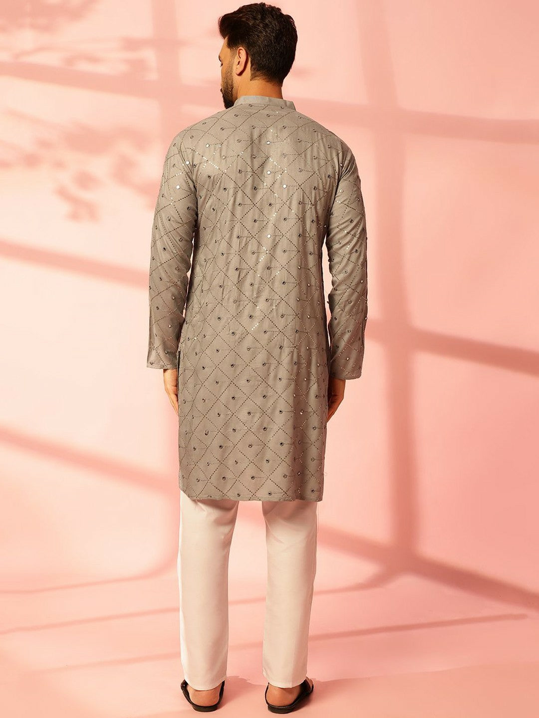 Men’s Grey Embroidered Kurta Set with Mirror Work & Pyjamas