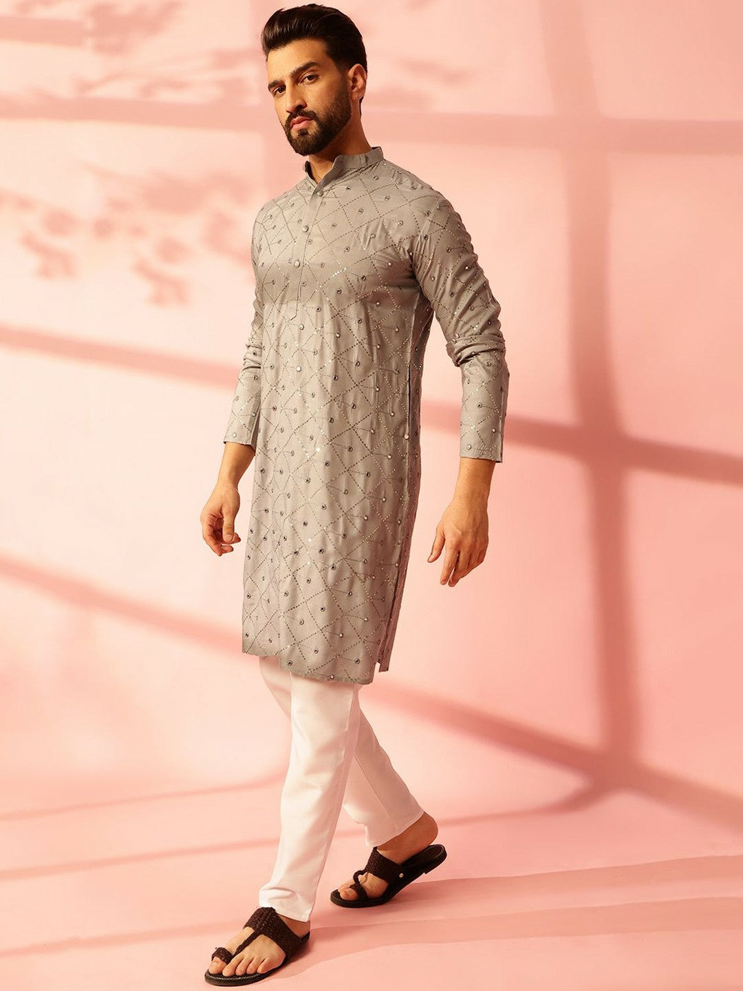Men’s Grey Embroidered Kurta Set with Mirror Work & Pyjamas