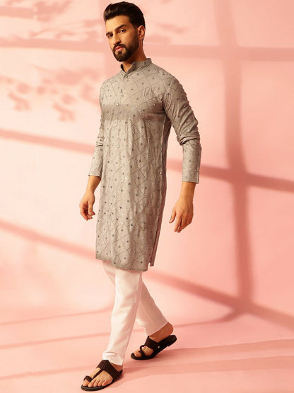 Men’s Grey Embroidered Kurta Set with Mirror Work & Pyjamas