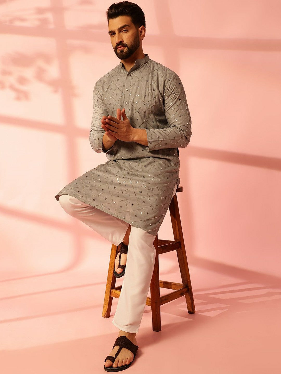 Men’s Grey Embroidered Kurta Set with Mirror Work & Pyjamas