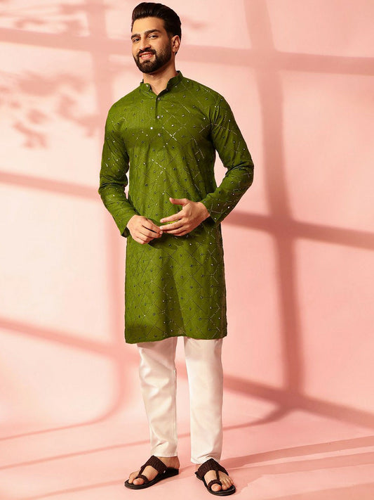 Men’s Green Mirror Work Embroidered Kurta Pyjama Set – Pure Cotton