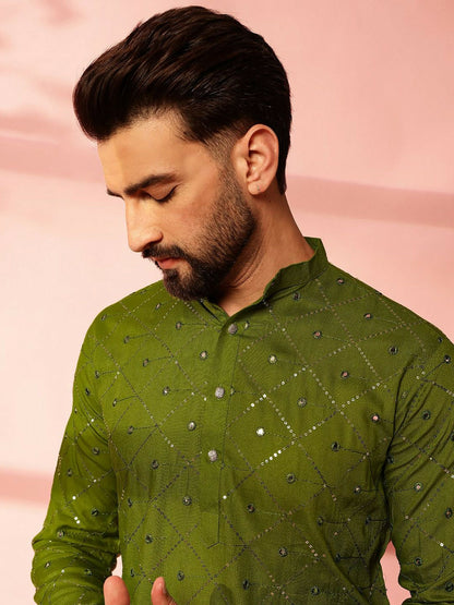 Men’s Green Mirror Work Embroidered Kurta Pyjama Set – Pure Cotton