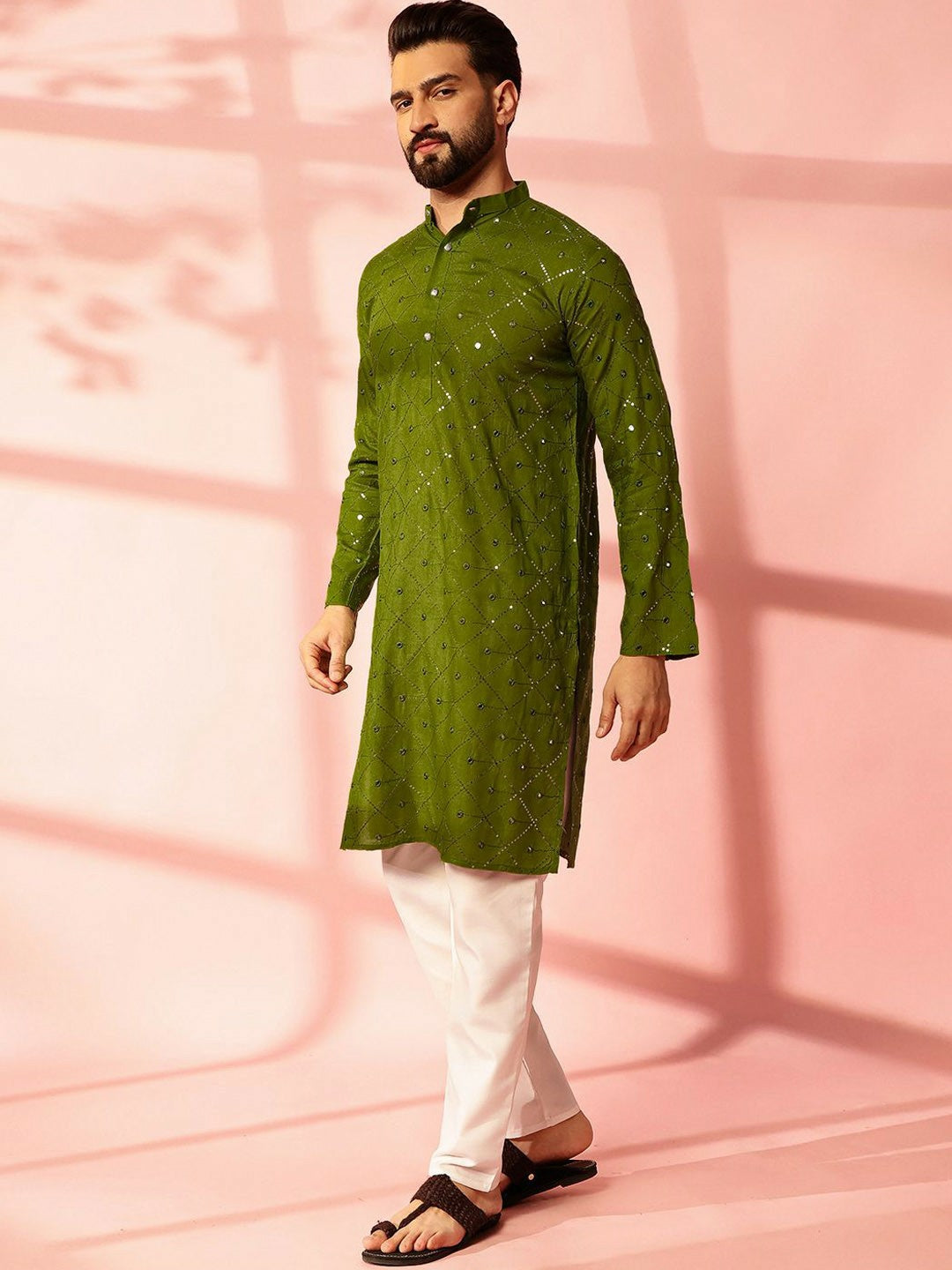 Men’s Green Mirror Work Embroidered Kurta Pyjama Set – Pure Cotton