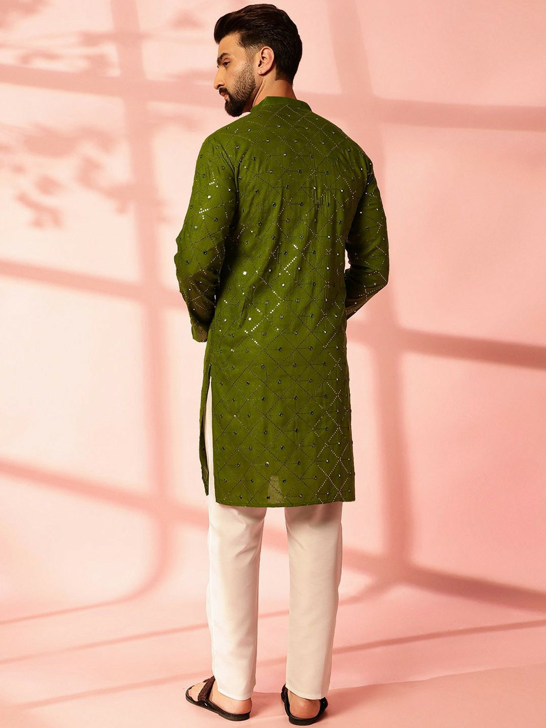 Men’s Green Mirror Work Embroidered Kurta Pyjama Set – Pure Cotton